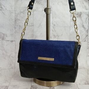 Anne Klein Genuine Leather Blue and Black Chain-Handle Crossbody Bag